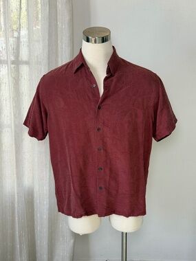 Vintage Tasso Elba Silk Camp Shirt Red Tonal Jacquard Wave Pattern Men's Large